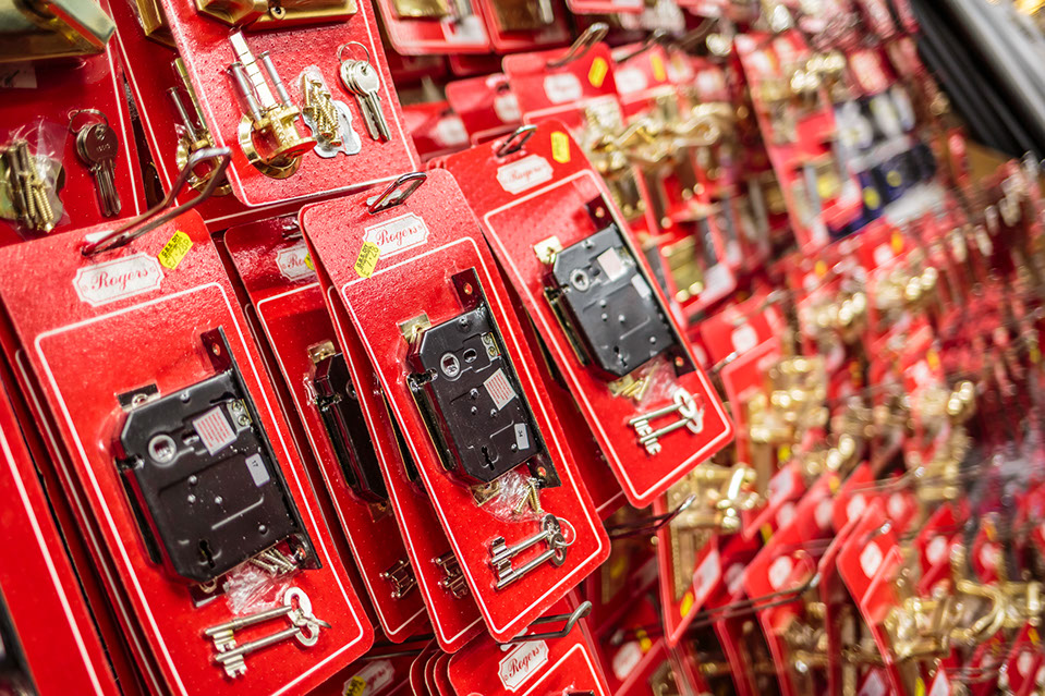 Wall of packaged ironmongery