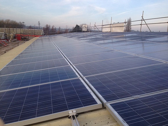Rows of solar panels on the Great Barr Sawmills roof